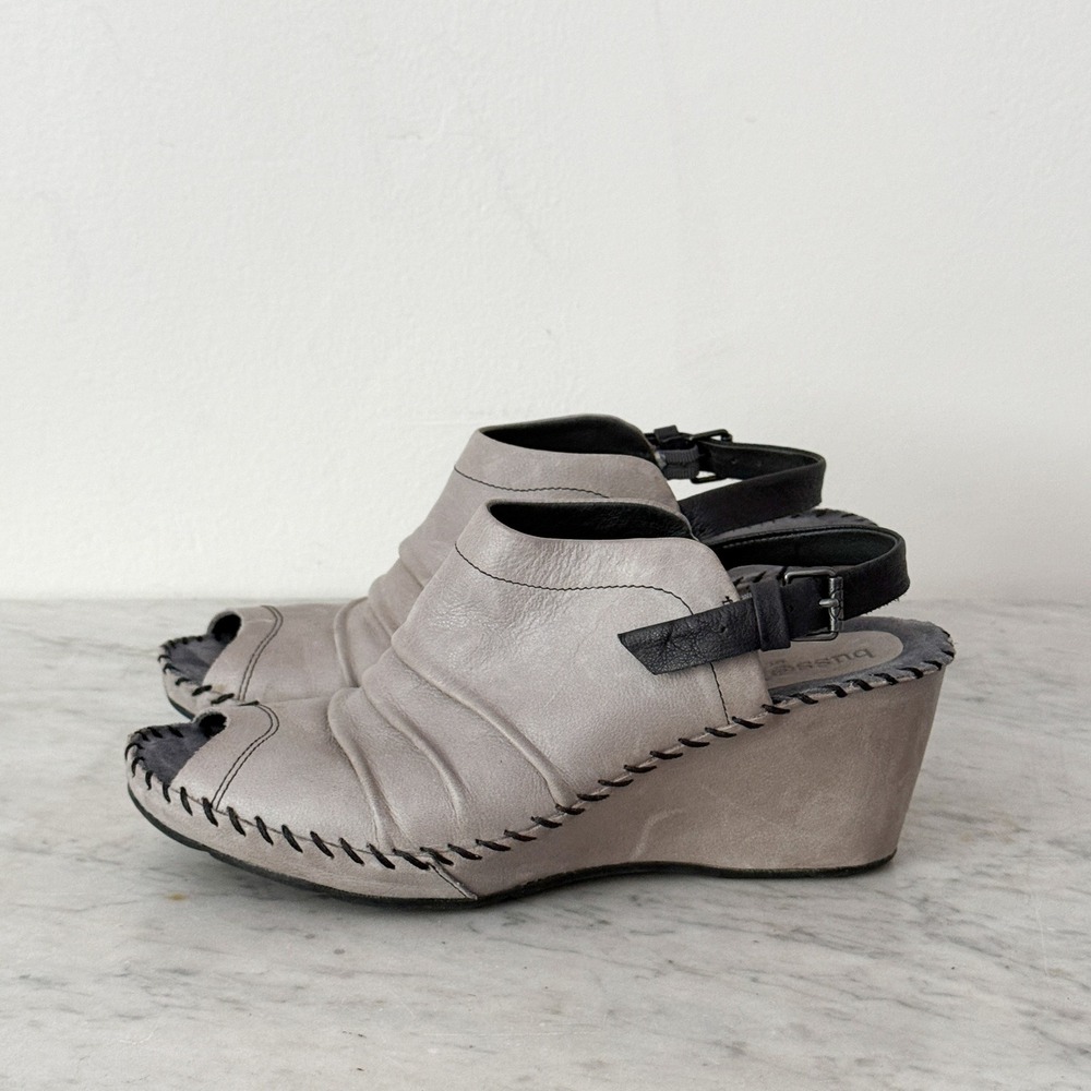 Bussola Leather Wedge Sandals Slingback Ruched Open Toe 41 Grey Whipstitch Boho